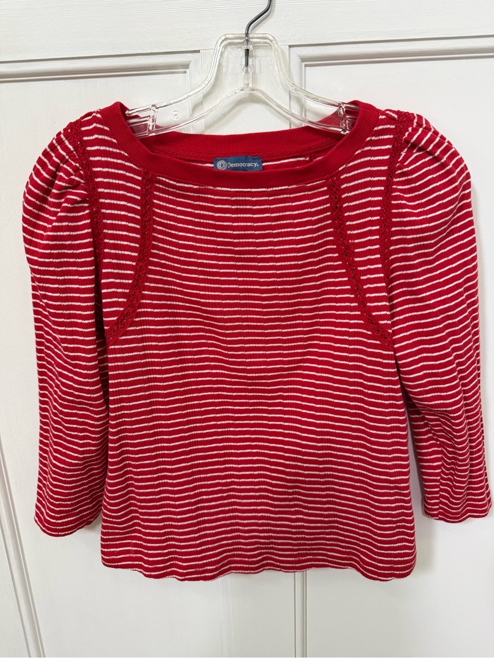 Democracy Red and White Striped Puff-Sleeve 3/4 Sleeved Top